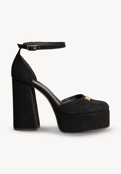 Leather Suede Heels with a Thick Block Heel and Platform AURA black