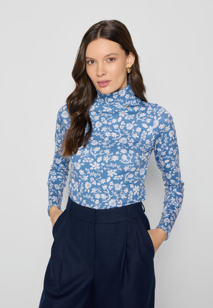 Blue fitted turtleneck with flowers by OWAKA