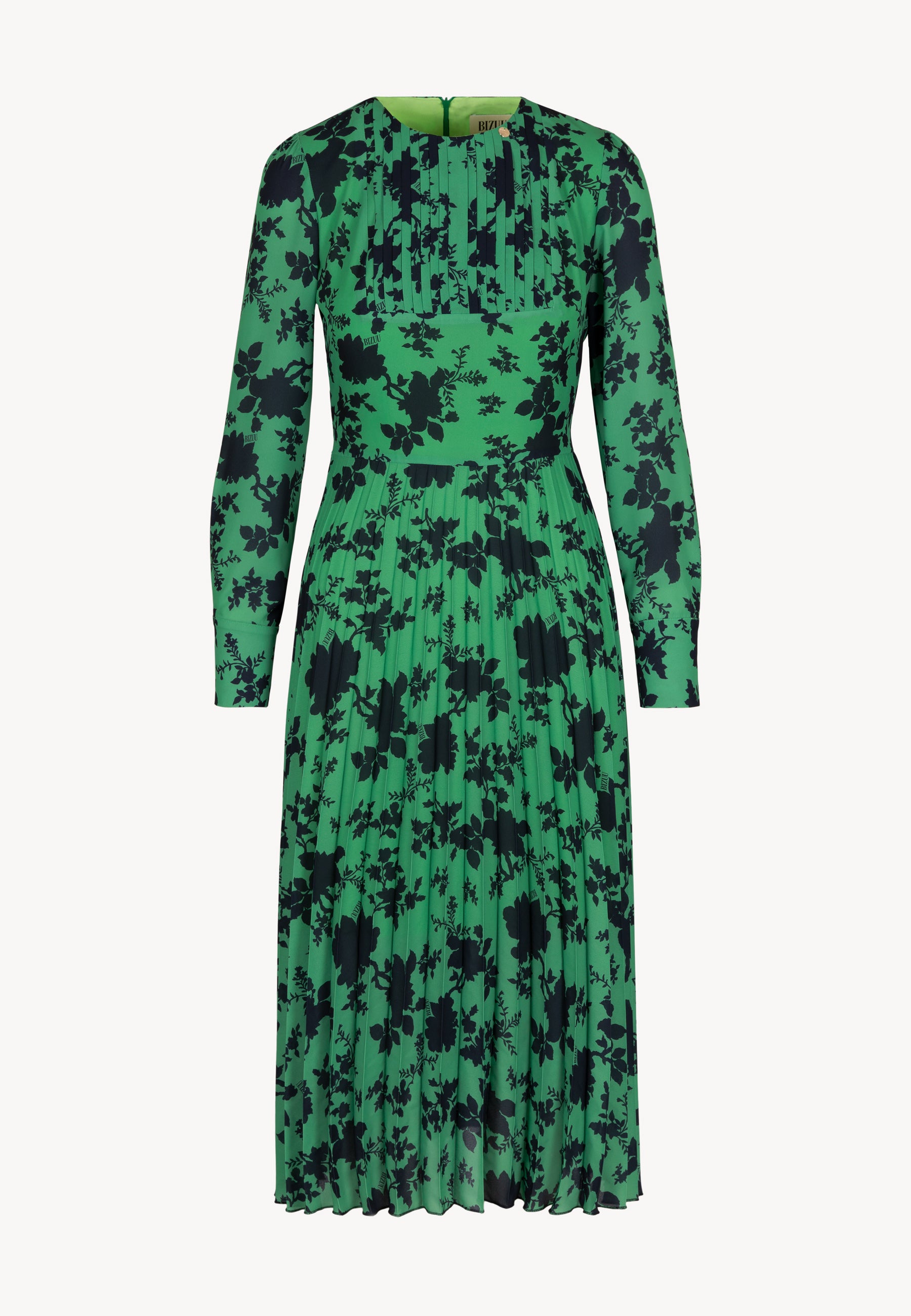 plus emerald green floral print long sleeve pleated midi dress Green Floral Pleated Dress Print Dress Emerald Green Long Sleeve Pleated Midi Dress Midi