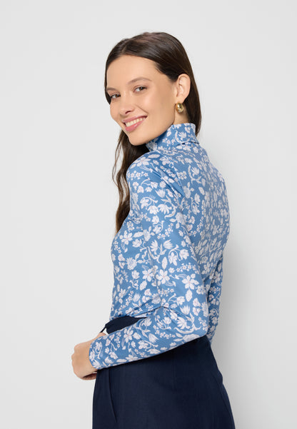 Blue fitted turtleneck with flowers by OWAKA