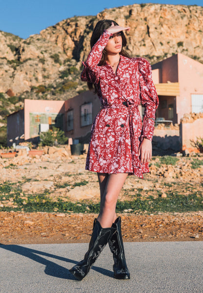 Burgundy mini dress with flowers GEORGINA