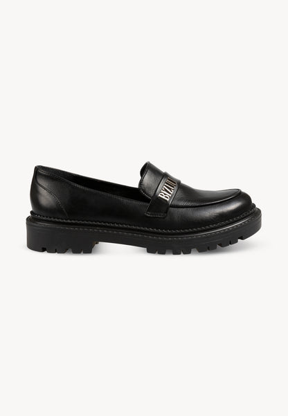 Black women's leather moccasins with silver logo OSBY