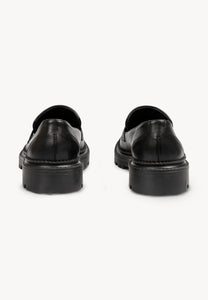 Black women's leather moccasins with silver logo OSBY