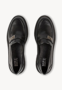 Black women's leather moccasins with silver logo OSBY