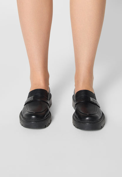 Black women's leather moccasins with silver logo OSBY
