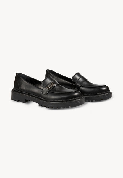 Black women's leather moccasins with silver logo OSBY