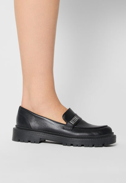 Black women's leather moccasins with silver logo OSBY