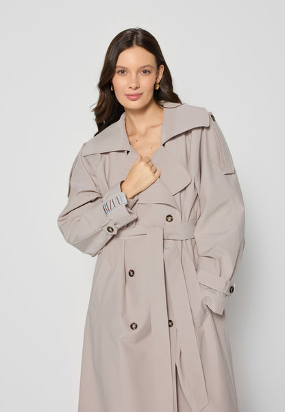 Beige oversized women's coat with a side stripe RACHELLA