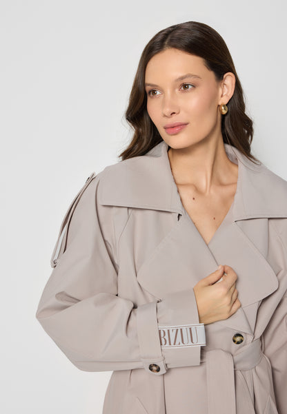 Beige oversized women's coat with a side stripe RACHELLA