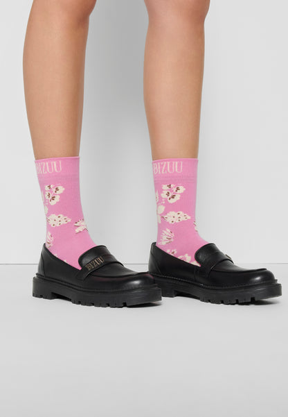 Women's floral socks with ribbed cuffs SERAFIL in pink.