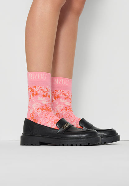 Cotton socks with ribbing and original floral jacquard SERAFIL pink