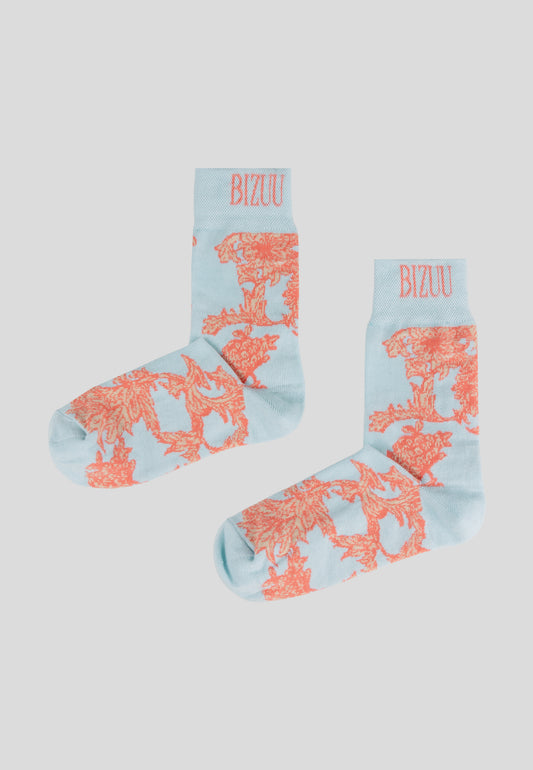 Cotton socks with ribbing and original floral jacquard SERAFIL blue