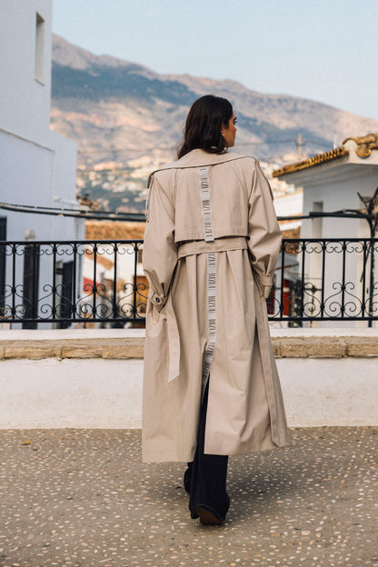 Beige oversized women's coat with a side stripe RACHELLA