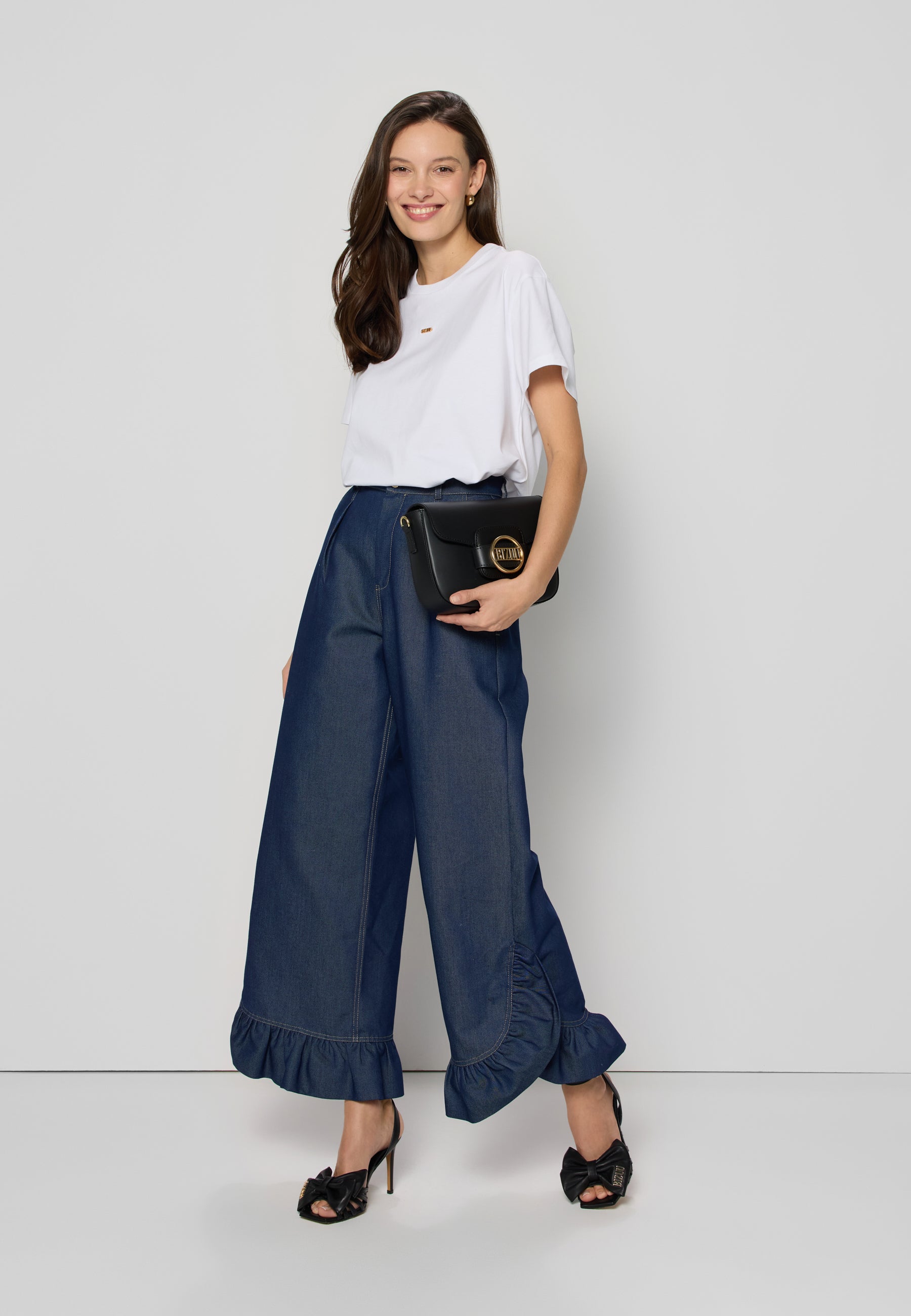 Denim pants with ruffle NELLA navy blue – Bizuu