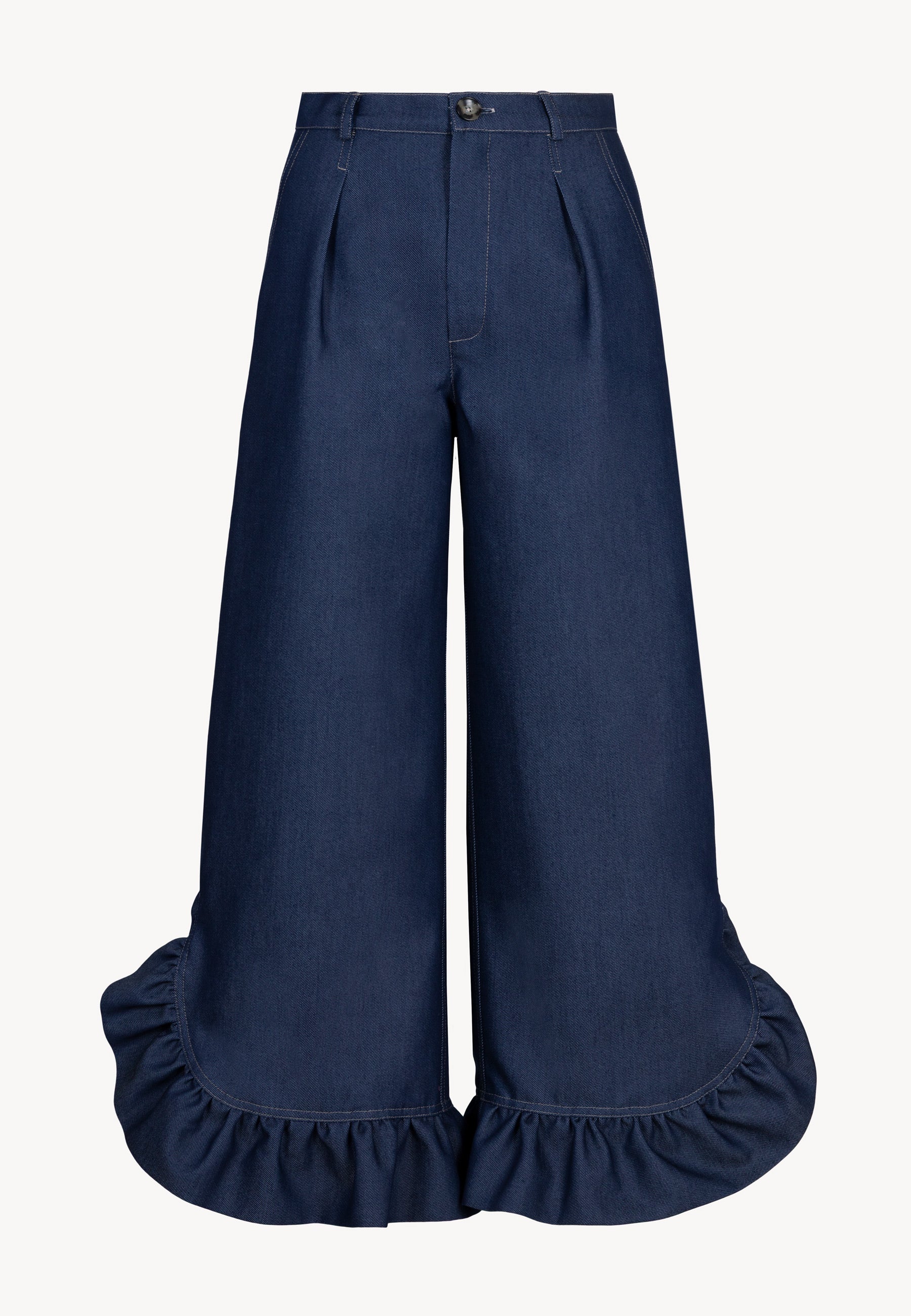 Denim pants with ruffle NELLA navy blue – Bizuu