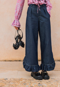Denim pants with ruffle NELLA navy blue