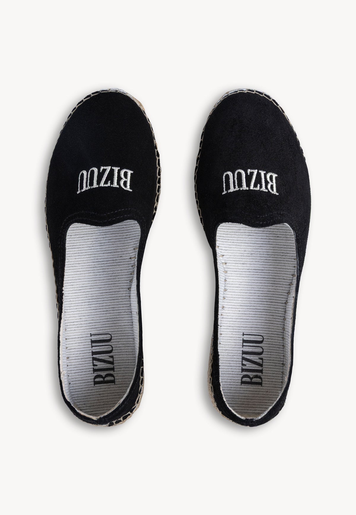 Black espadrilles AYLA with Bizuu logo, top view.