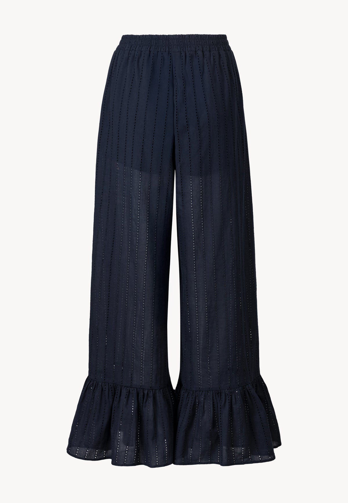 The back of the navy blue LAVENDOU English embroidery pants.
