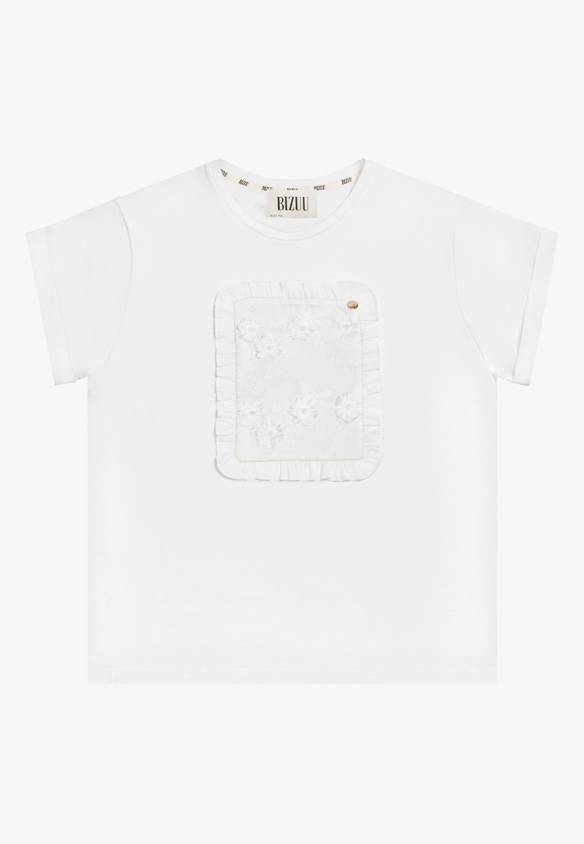 Front of cream T-shirt with 3D MIRADO flower embroidery.