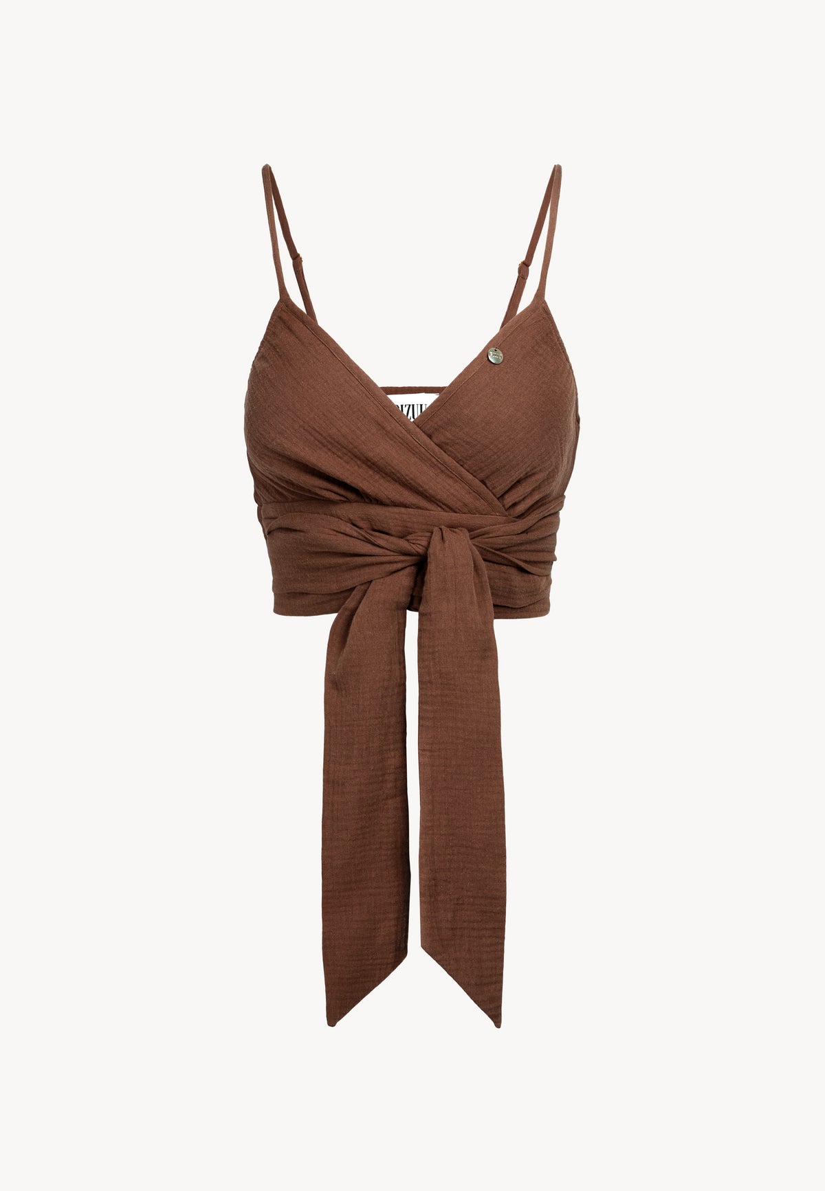 The front of the brown muslin strapless top TARI