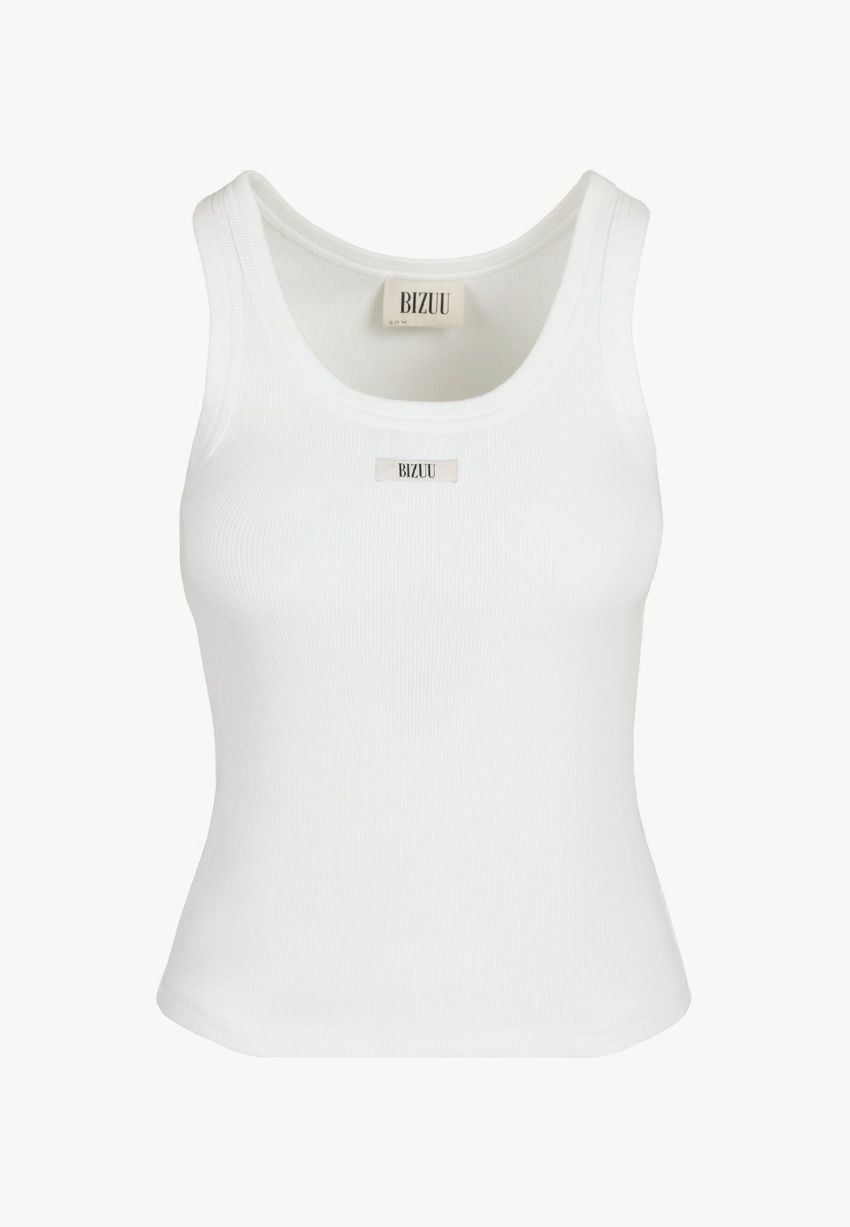 Front of cream strapless top with logo on front of EJRIS.