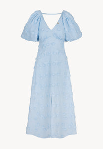 Blue midi dress with floral embroidery FELICITE