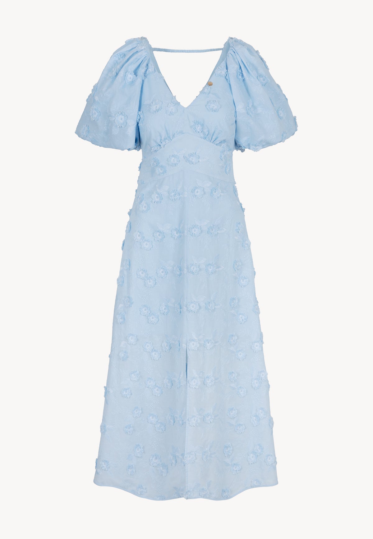 The front of a blue midi dress with 3D FELICITE flowers.