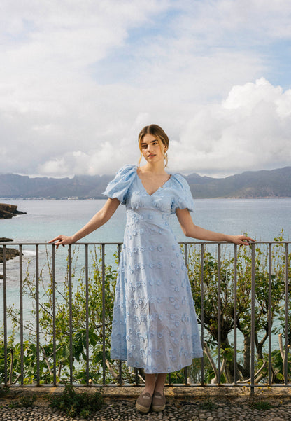 Blue midi dress with floral embroidery FELICITE Bizuu Blue midi dress with floral embroidery FELICITE Bizuu