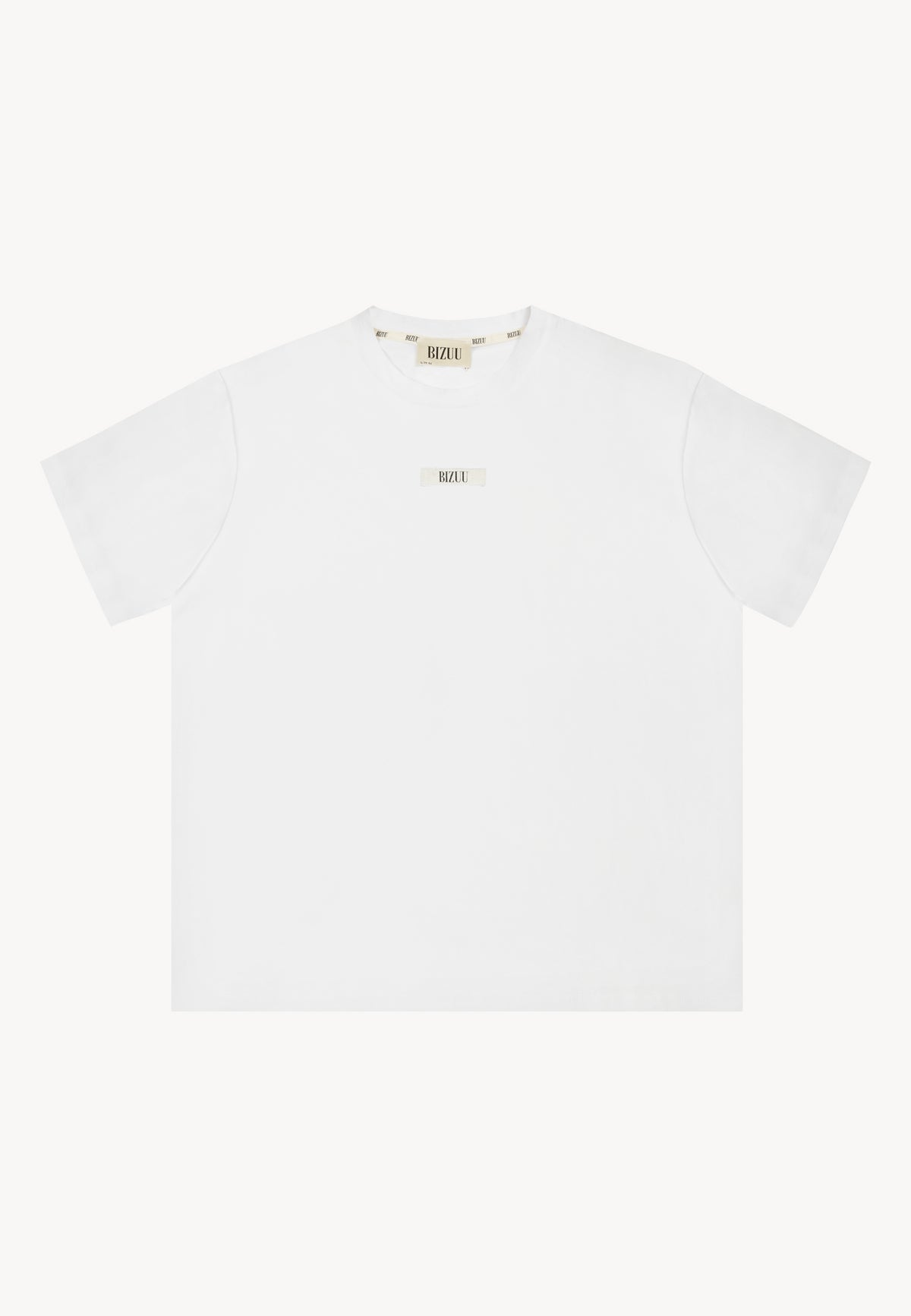 Front of cream T-shirt with Bizuu logo on front TISHALLE.
