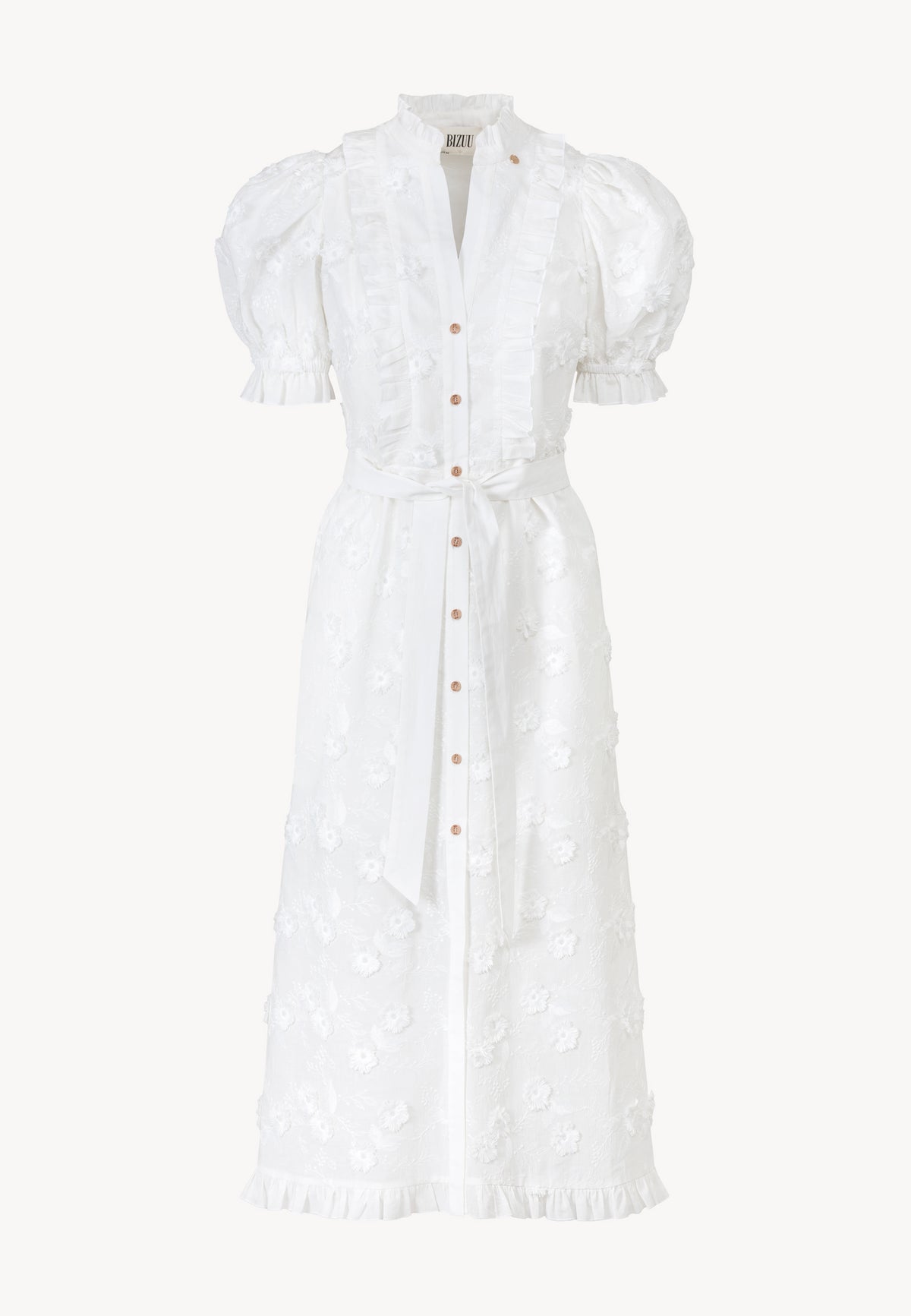 The front of the white midi dress with the cut of a schmisserie tied at the waist.