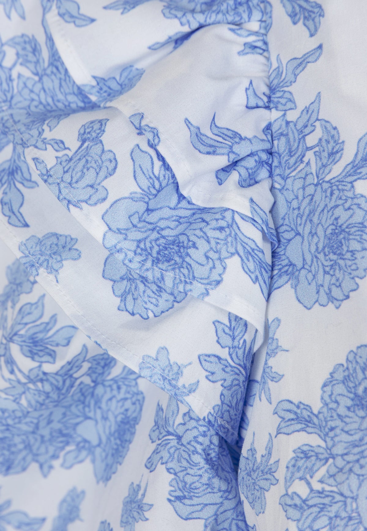 Close-up of the floral print in blue used on the ALIANNA blouse.