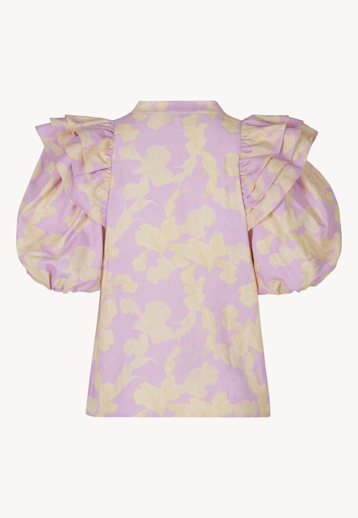 The back of the ALIANNA blouse in a purple and yellow floral print.