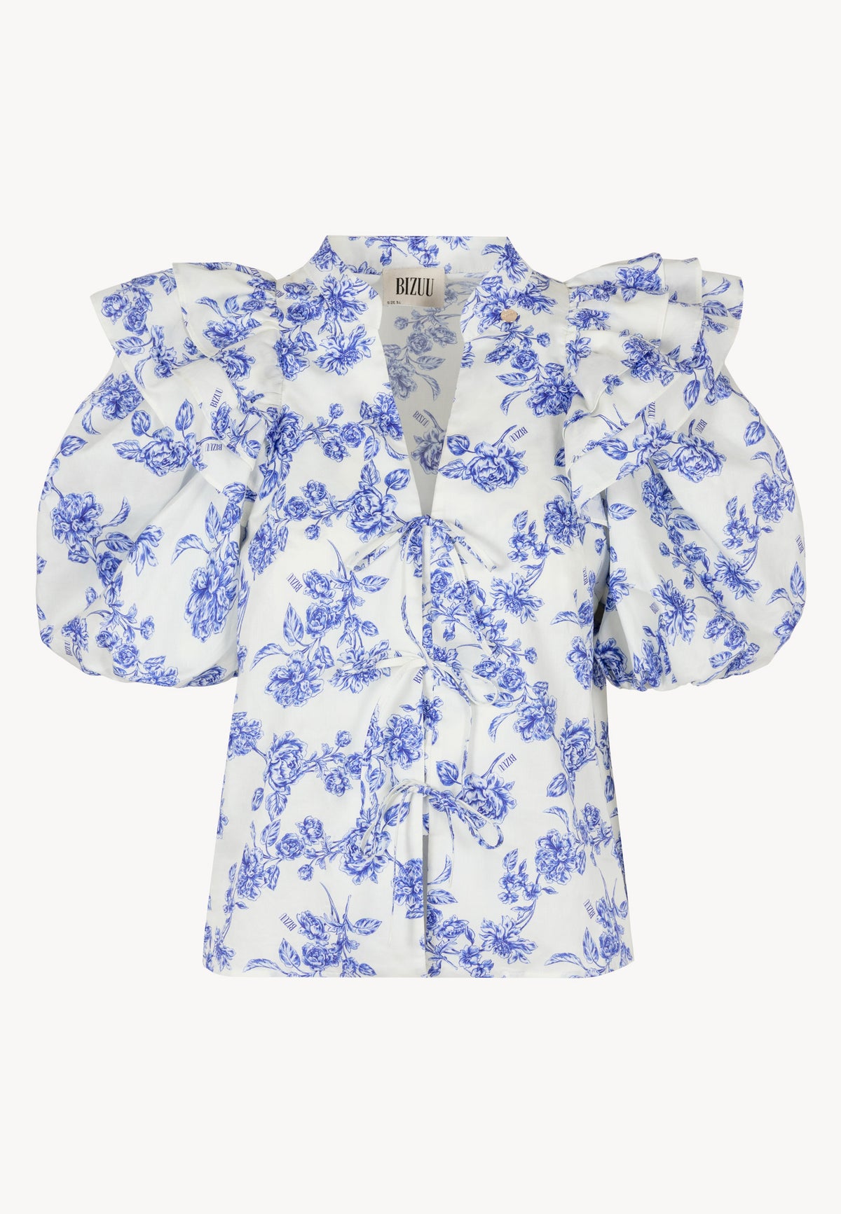 ALIANNA blouse in blue floral print with front ties and buff sleeves.
