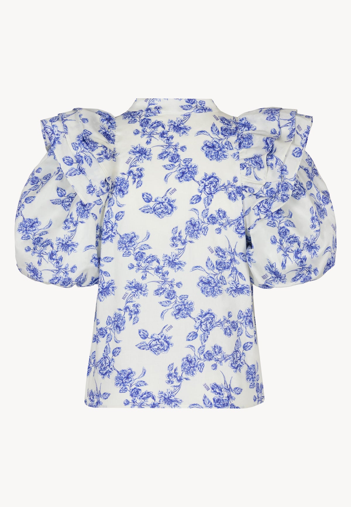 Back of ALIANNA cotton blouse in blue floral print. Blouse with buff sleeves.