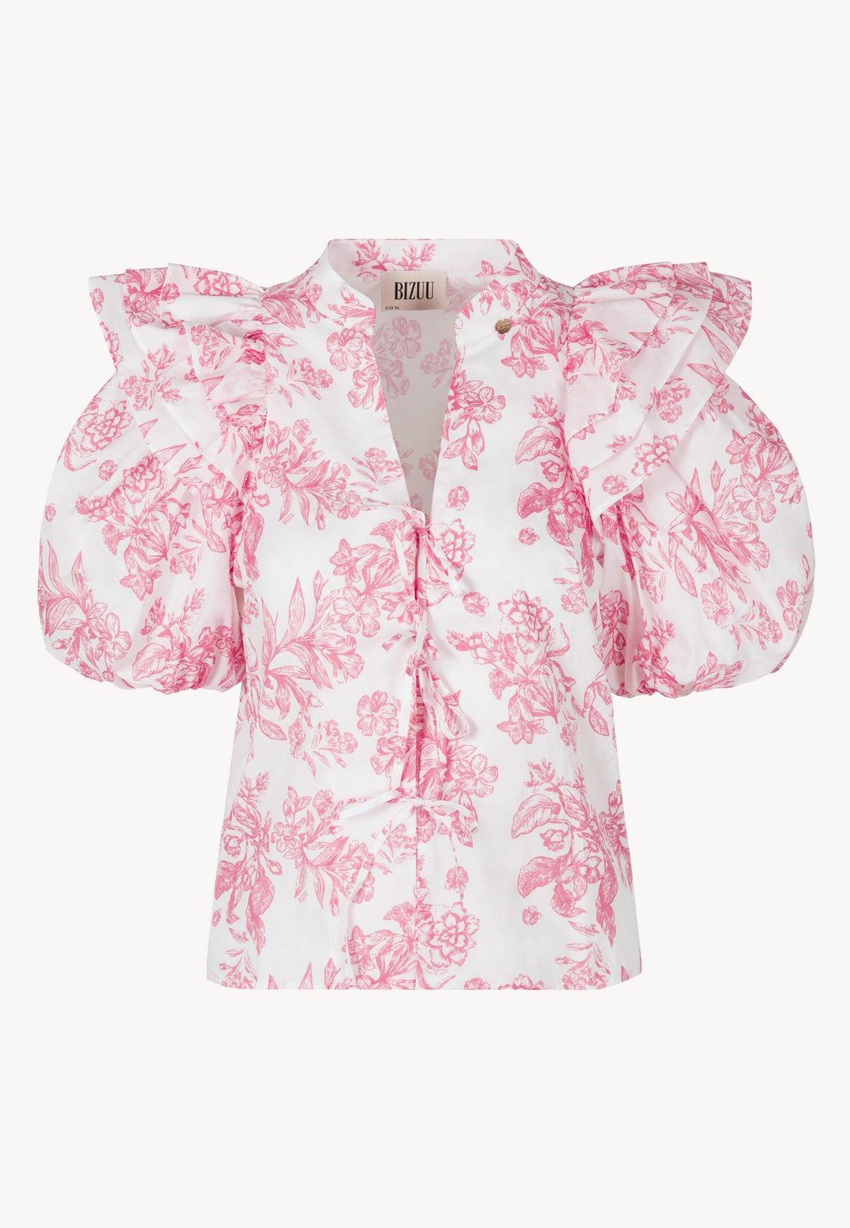ALIANNA cotton blouse in a floral print in white and pink. The blouse ties at the front and has buff sleeves.