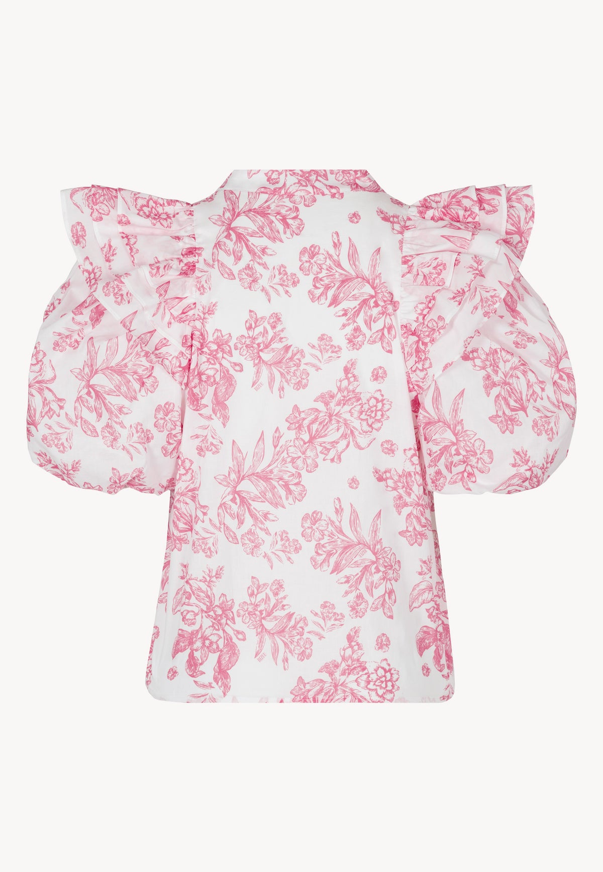 The back of ALIANNA cotton blouse in a floral print in white and pink.