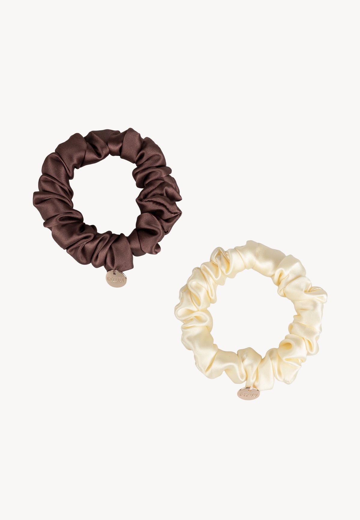 ALLY silk scrunchies in brown and cream.