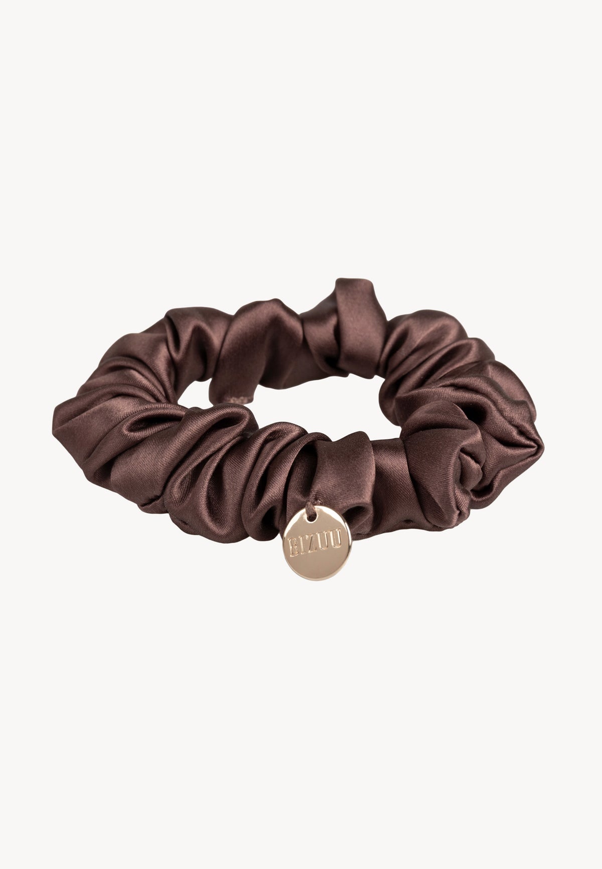 Brown ALLY silk scrunchie with gold medallion.
