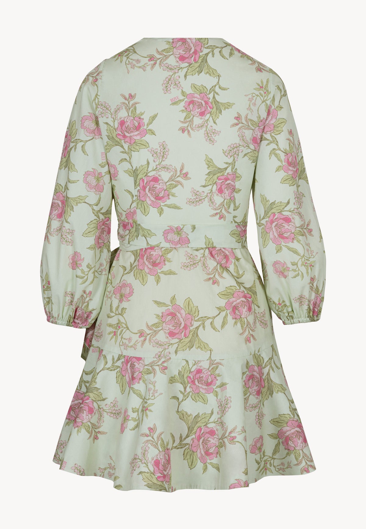 The back of an envelope dress with a floral print on a green background AMBROSIA.