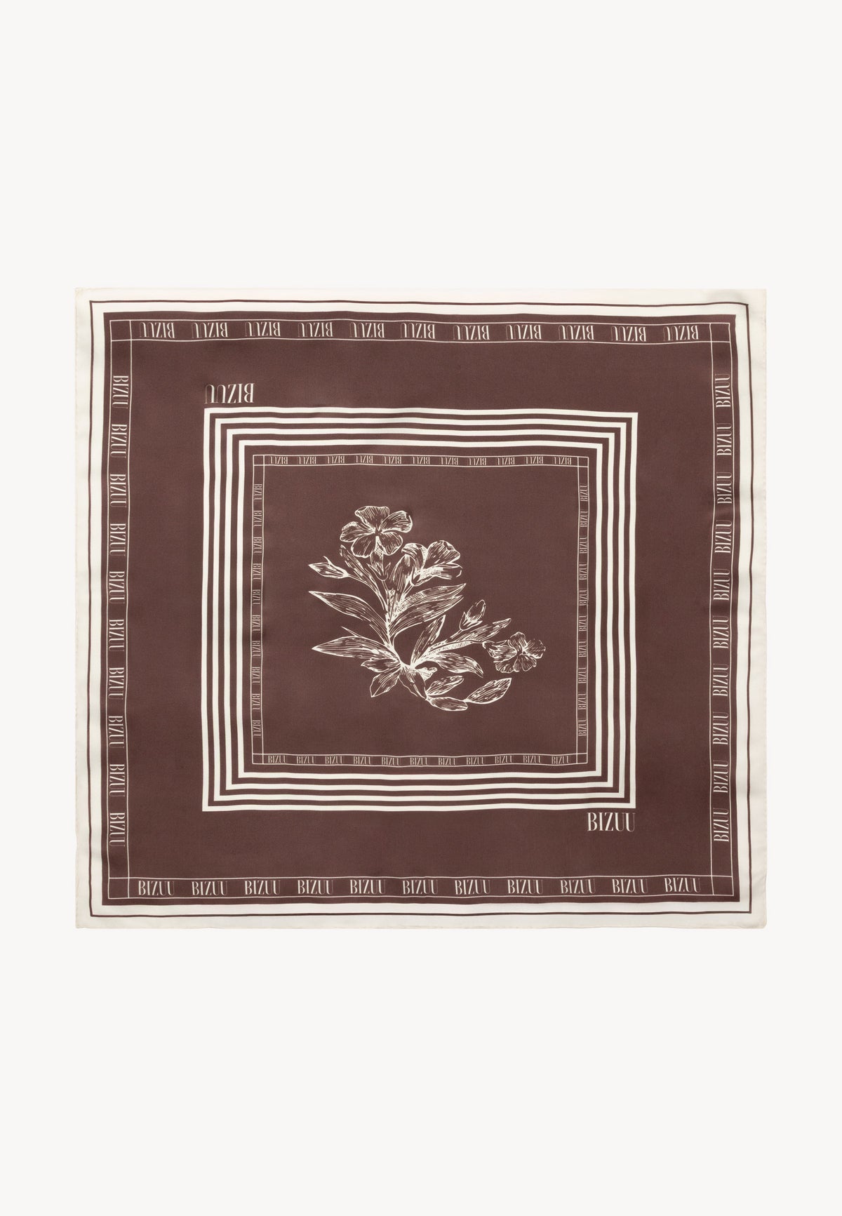 Brown ARIA silk scarf with floral print and logo.