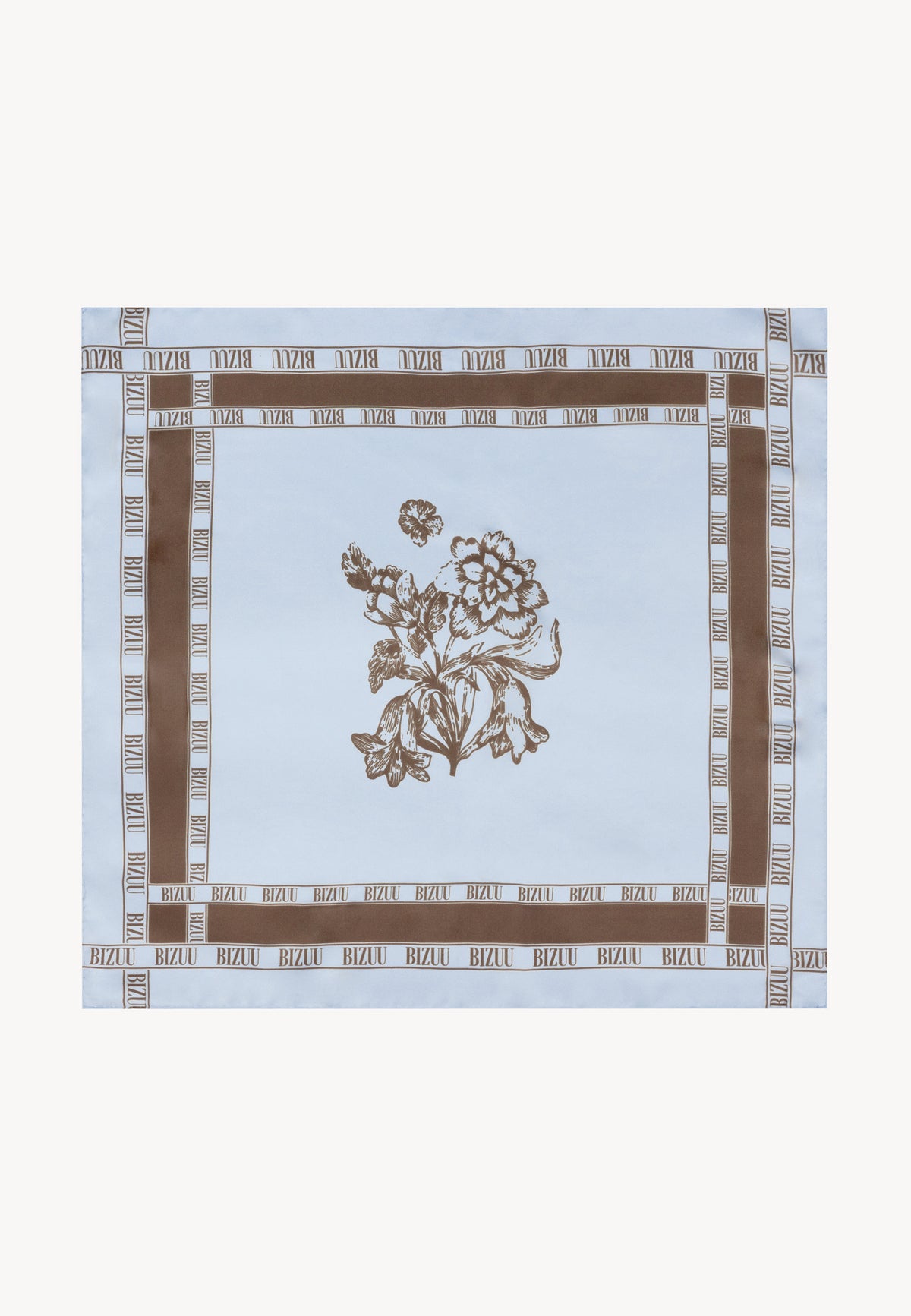 Blue ARIA silk scarf with blue pattern and logo.