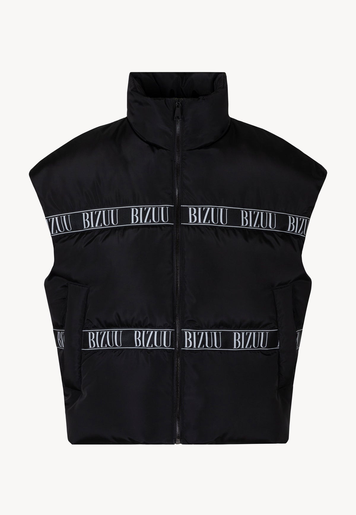 Front view of the black AYASE down vest with logo tape and zip fastening.