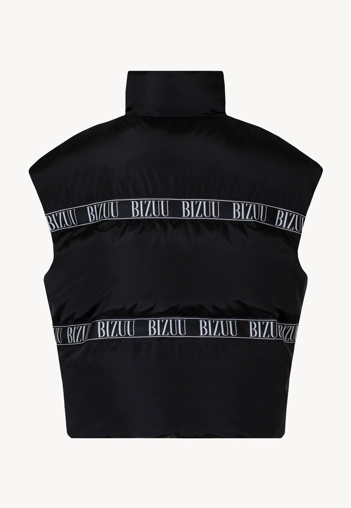 Back view of the black AYASE vest with natural filling and logo tape.