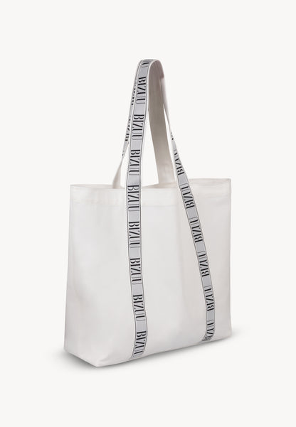 Cotton bag with a logo tape, BAGGO in cream