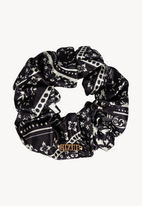 Black BANDI silk scrunchie with floral print