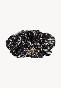 Black BANDI silk scrunchie with floral print