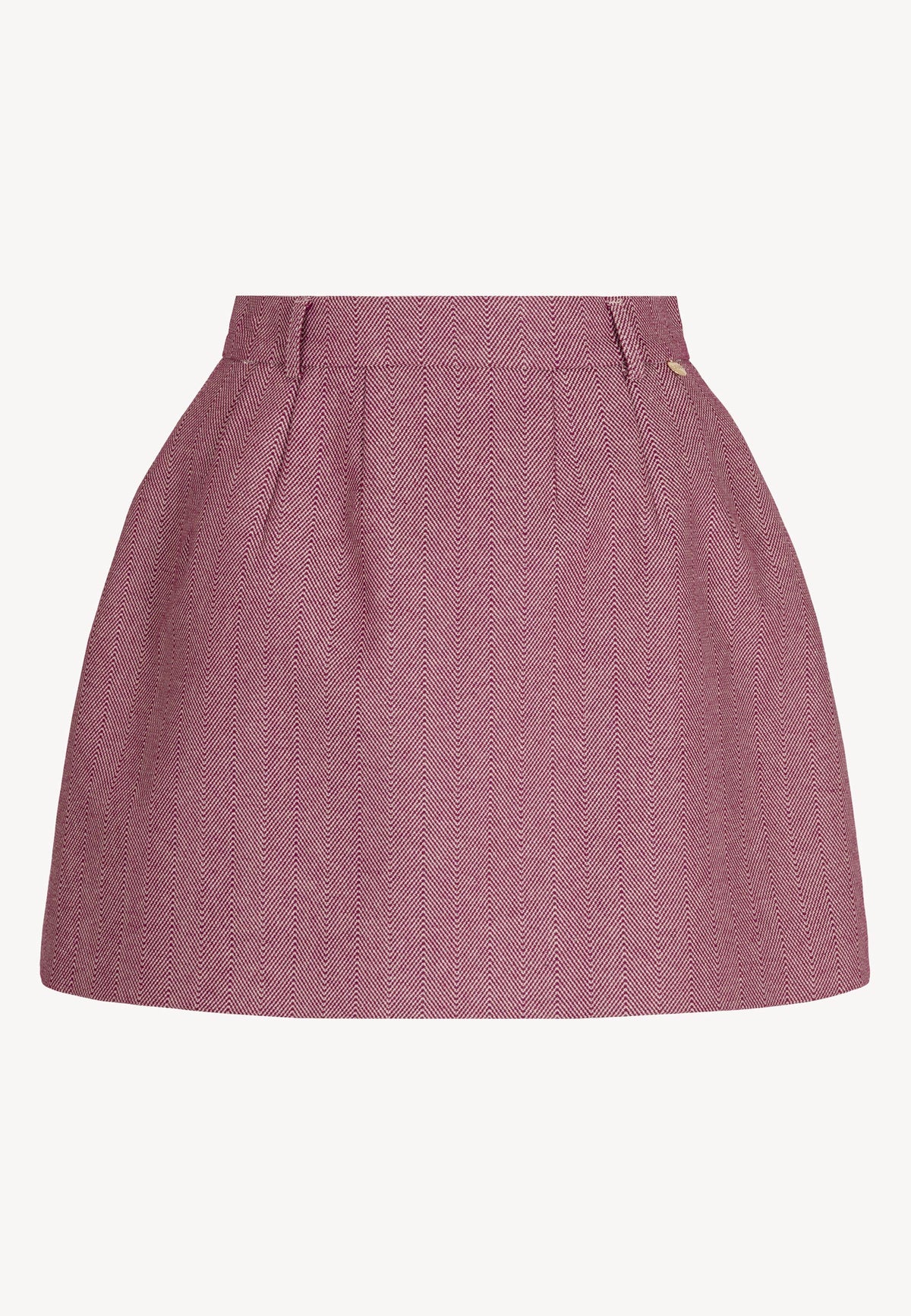 Front view of the BREDA mini skirt in a burgundy herringbone pattern.