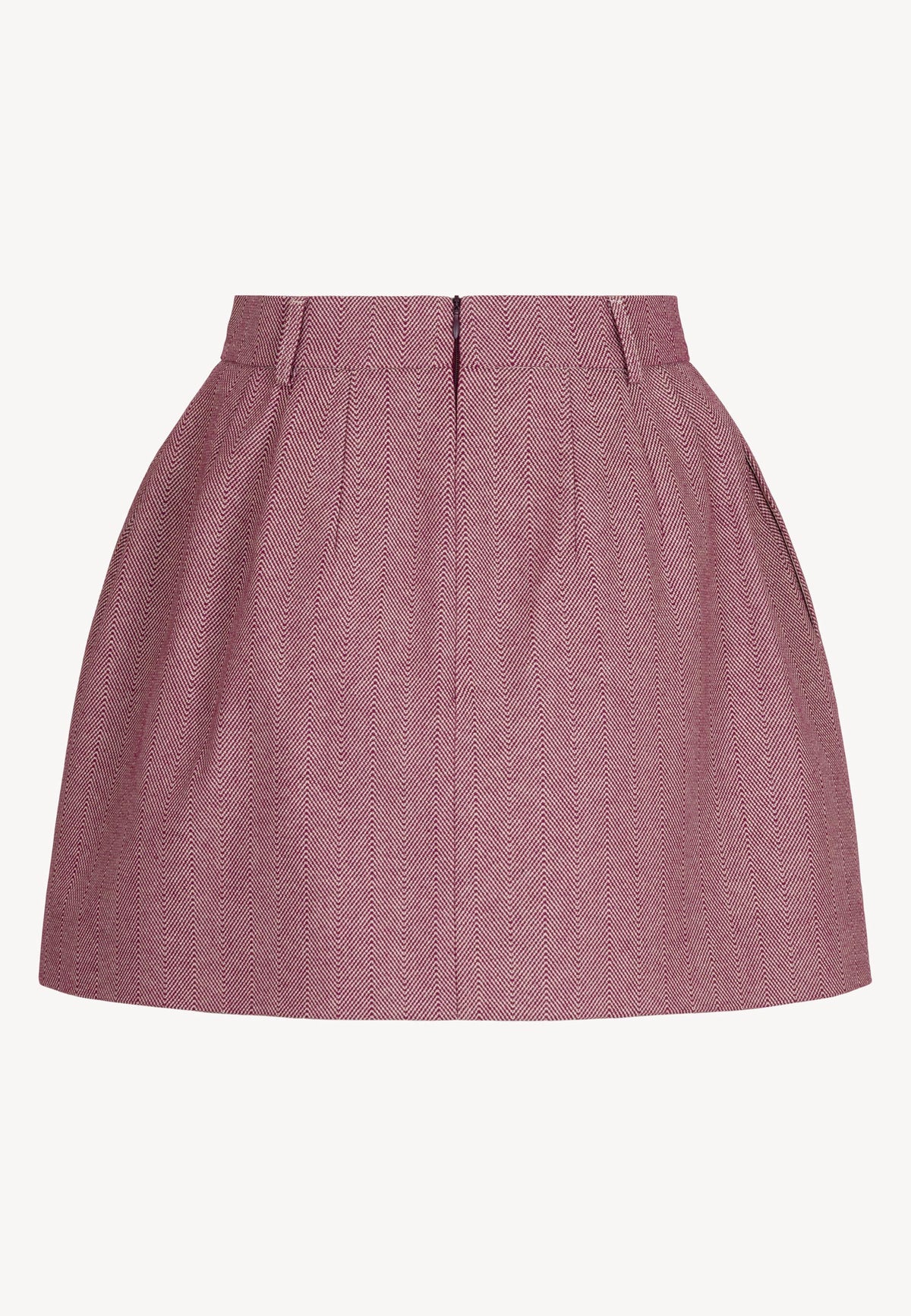 Back view of the BREDA mini skirt in a burgundy herringbone pattern.