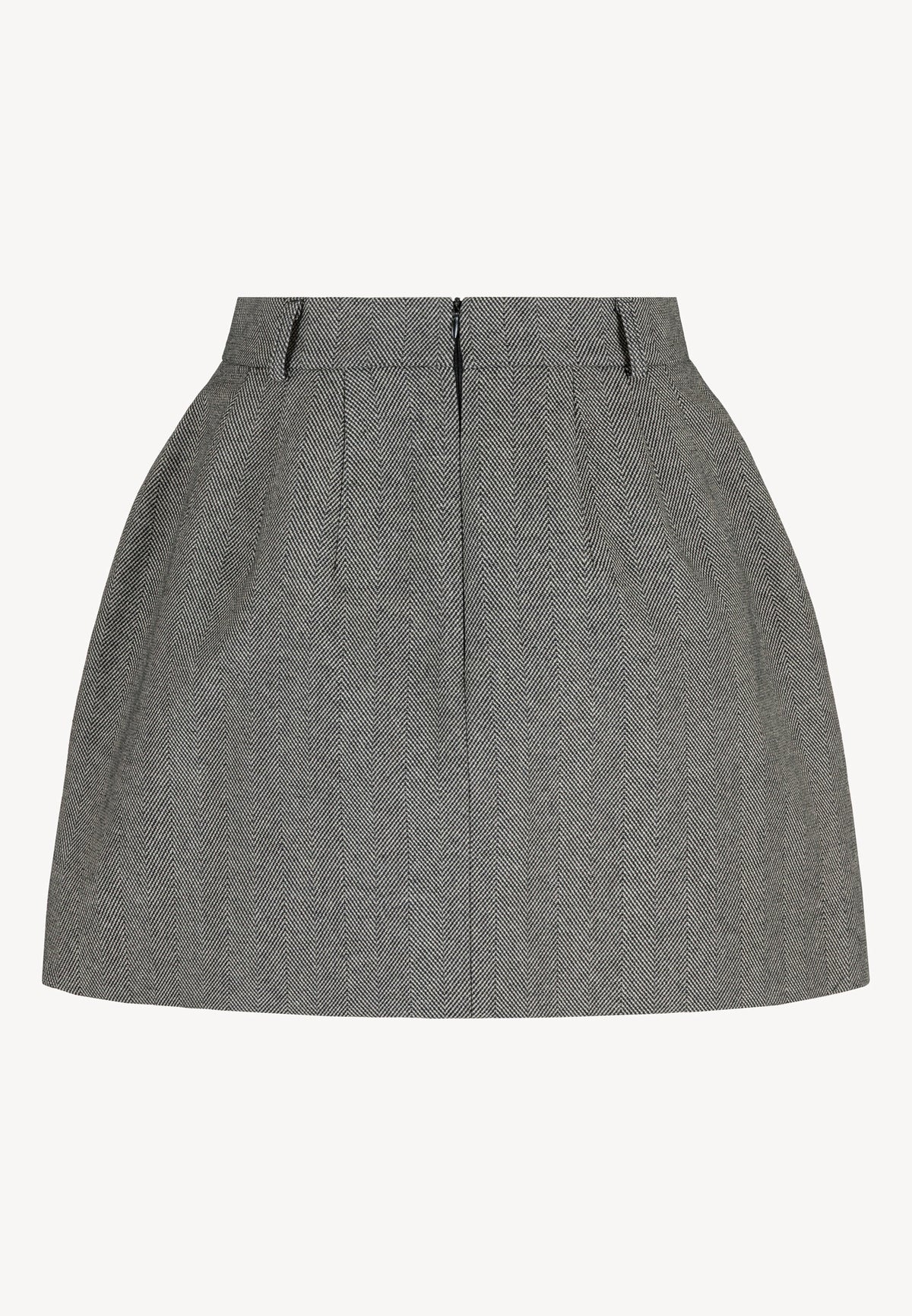 Back view of the BREDA mini skirt in black herringbone pattern.