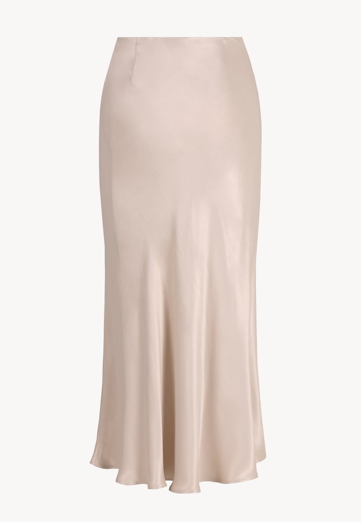 Back view of the beige satin BREE midi skirt.